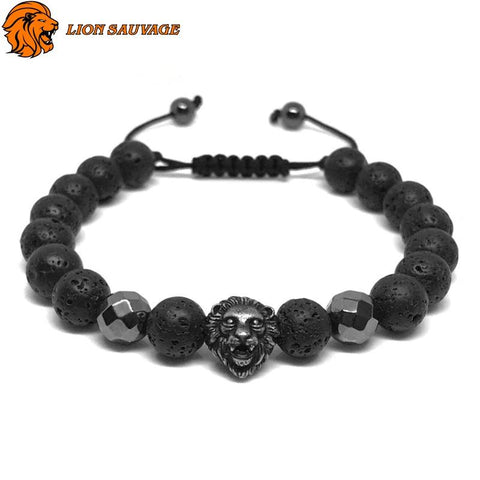 Bracelet Perle Lion Homme Noir
