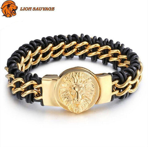 Bracelet Cuir Tête de Lion Homme Lion Sauvage